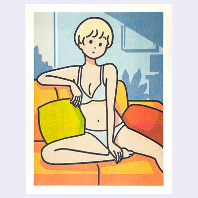 Illustration of a cartoon style girl sitting on a colorful couch in a light blue underwear set with silhouettes of furniture in the background.