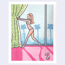 Illustration of a woman in a bikini standing by a very large window with palm trees outside. She pushes aside long floral green curtains.