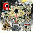 Illustration of various Yokai characters and Japanese objects with large eyes and unique hats on a black background