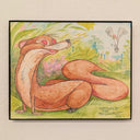 Colorful illustration of a fox-like creature with a bird on a grassy background, signed by Christopher Ian McFarlane.