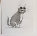 Pencil drawing of a cat with an excited expression on a white background, saying, "Ekk ekk ekk" as if it sees a bird
