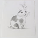 Pencil drawing of a cat looking up at a hummingbird. The cat is saying, "Prrow?"