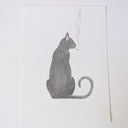 Pencil drawing of a black cat, facing away, turning its head to the right, smoking a cigarette