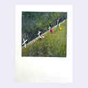 Painting of a grassy area with 6 white crosses planted into the grass, some with flowers in front of them.