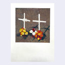 Painting of 2 crosses in front of a wire fence. They both have colorful bouquets of flowers in front of them.