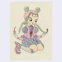 A whimsical illustration of a seated girl made up of wires, twisted and curling around her fingers centered on a textured cream background.