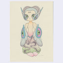 A stylized fantasy illustration of a seated humanoid figure with large green eyes, gray horns, and swirling pastel body details on textured cream paper, centered against a light gray surround.