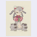 A whimsical watercolor-style illustration of a gray creature with striped ears, green eyes, and pink accents, centered on a textured cream background.