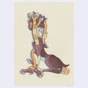 A stylized fantasy creature illustration on textured cream paper, shown against a light gray background. The creature has a dark plum-purple body, pale blue accents, and orange accents, with gray hooves and a white horn.