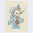 A stylized watercolor illustration of a small fantasy character in a light blue outfit and horned helmet, opening their chest to reveal a hamster wheel inside centered on a textured cream background.