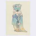 A whimsical watercolor illustration of a fantasy character with a long teal and yellow gradient cloak, faced away from the viewer with a visible spine.