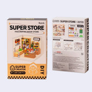 Product packaging for Super Store Fascinating Bookstore, with a graphic on the front of the final diorama and information on the back.