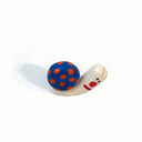 Tiny ceramic sculpture of a snail with a blue shell with orange polka dots.