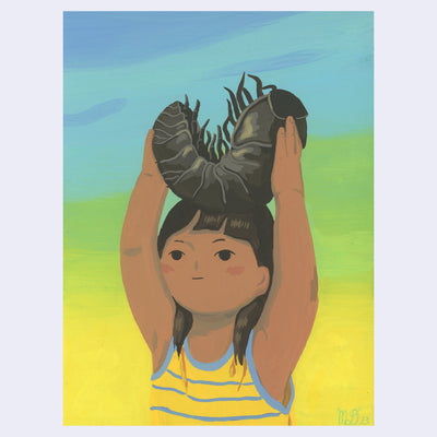Painting of a small tan girl wearing a yellow and blue striped tank top, holding a very large roly poly bug above her head. Background is a blue, green and yellow sunrise gradient.