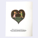 Back of a greeting card with 2 monster like characters running towards each other for a hug, with a small heart in between them. The scene is encased in a heart shape.