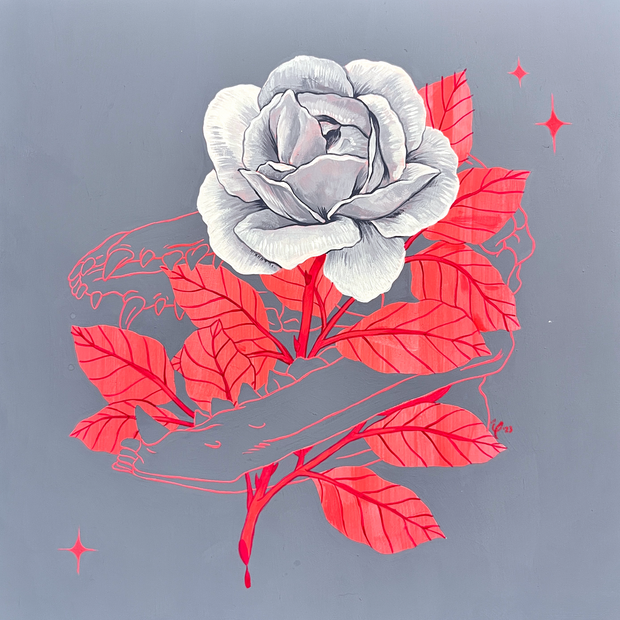 Illustration on grey background of a grey rose with many red leaves and a red stem, being held in the mouth of an animal skull, drawn only with red line art.