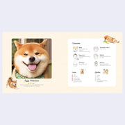Open 2 page excerpt with a Shiba Inu dog illustration and character details on a light beige background