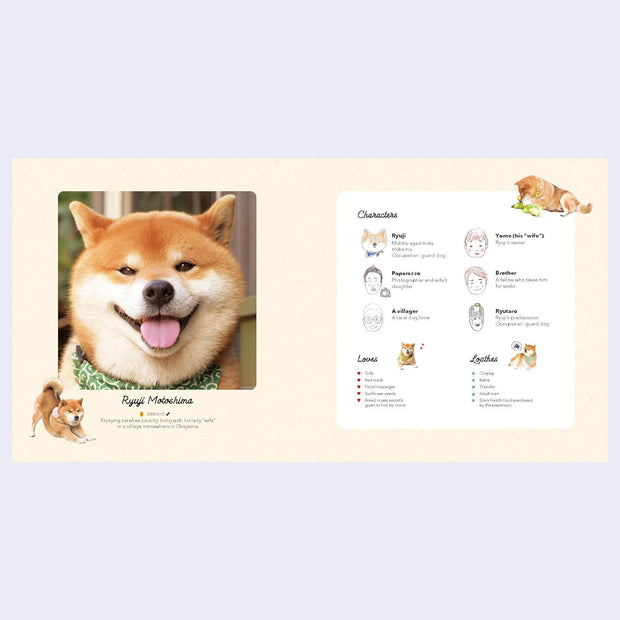Open 2 page excerpt with a Shiba Inu dog illustration and character details on a light beige background