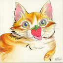 Painting of a fluffy orange cat, seen up close from its chest up. It has green eyes and a strawberry atop its nose, it has its tongue out. 