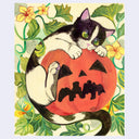 A vintage-style illustration of a black-and-white cat curled up over a carved orange jack-o'-lantern pumpkin, surrounded by green leaves and yellow flowers on a cream background.
