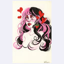 Illustration of a girl with long black and pink hair and hearts floating around her.