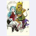 Drawing of 2 girls, dressed very stylishly with horns atop their heads.