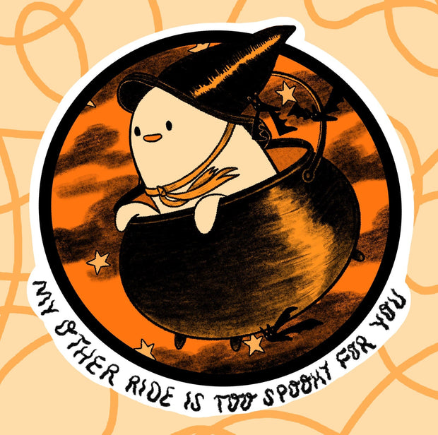Die cut magnet of a a ghost riding in a cauldron wearing a witch's hat.