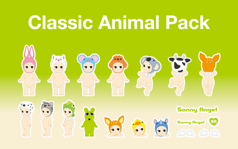 Collection of Sonny Angel classic animal stickers on a gradient background