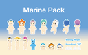 Collection of Sonny Angel stickers with 'Marine Pack' branding on a blue and beige gradient background.