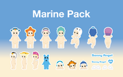 Collection of Sonny Angel stickers with 'Marine Pack' branding on a blue and beige gradient background.