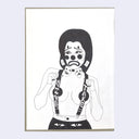 Marker illustration on an interior book cover of a girl with a clown makeup face, nipple covers and suspenders.