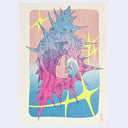 Colorful illustration of a seashell with a person folded up into it with abstract patterns on a light pink background