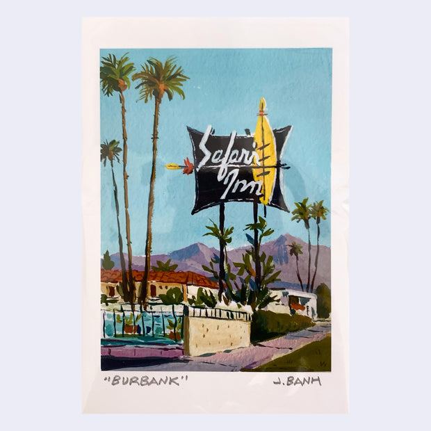 Plein air style painting of the Safari Inn in Burbank, an old style motel with a large sign.