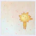 Illustration of a closed eye sun character standing calmly while cherry blossom petals fly by on a soft pastel background