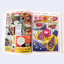 Open book showing vintage comic book pages with colorful illustrations and text.
