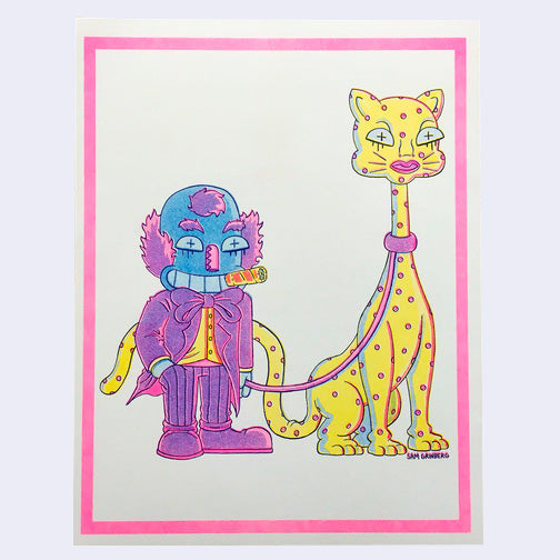 Illustration of a smiling clown and smoking a cigar. It holds a pink leash which leads to a polka dot yellow large cat with a very long neck.