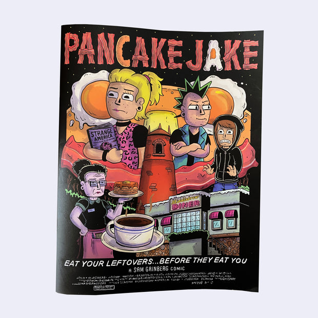 Comic book cover for "Pancake Jake," written in a font using bacon and other breakfast items. Various characters pose on the cover, with a cup of coffee and a diner.
