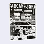 Black and white comic book page featuring illustrations of a diner, with accompanying text from characters inside.