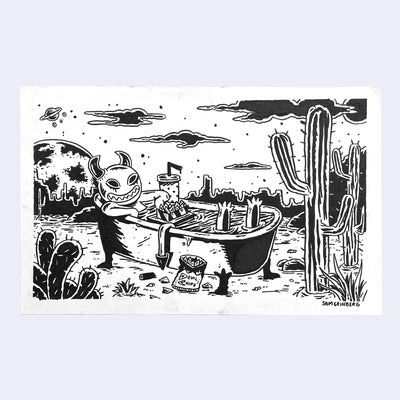 Black ink illustration on white paper of a character with a round head, devil horns and sharp smiling teeth laying in a bathtub with a tray of soda and fries in front of it. The bathtub is in the middle of the desert, with cacti and sparse clouds.