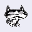 Black and white die cut enamel pin of a stylized cat with swirlies for eyes, frazzled whiskers and its tongue out.