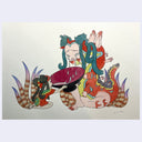 Colorful illustration of a character with long hair and animal-like features on a light background