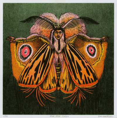 Risograph print of a Mothra inspired creature with a woman's face. The moth wings are orange with black striping and yellow and red detailing. Atop the woman's head is a small horned skull.