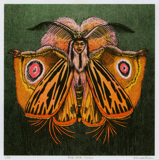 Risograph print of a Mothra inspired creature with a woman's face. The moth wings are orange with black striping and yellow and red detailing. Atop the woman's head is a small horned skull.