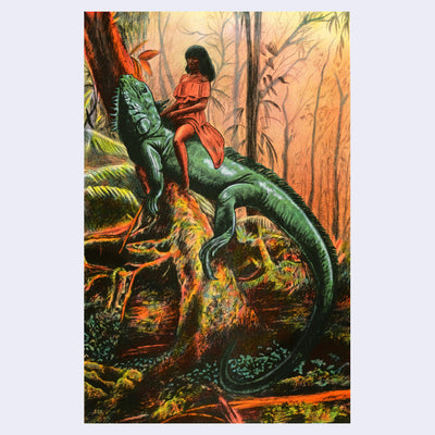 Colorful illustration of a large green iguana being rode by a tan woman in a orange dress, in a realistic jungle setting.