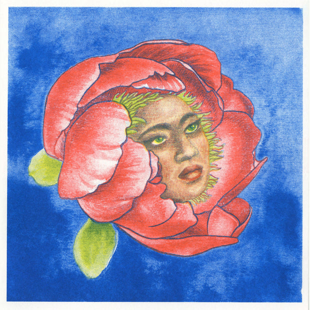 Risograph print that resembles a watercolor painting in style. A tan woman's face emerges from a budding pinkish flower with green leaves. Background is blue.