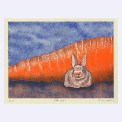 Risograph print of a small realistically rendered rabbit, sitting in front of a very large carrot, with the top and the bottom cut off from the image..