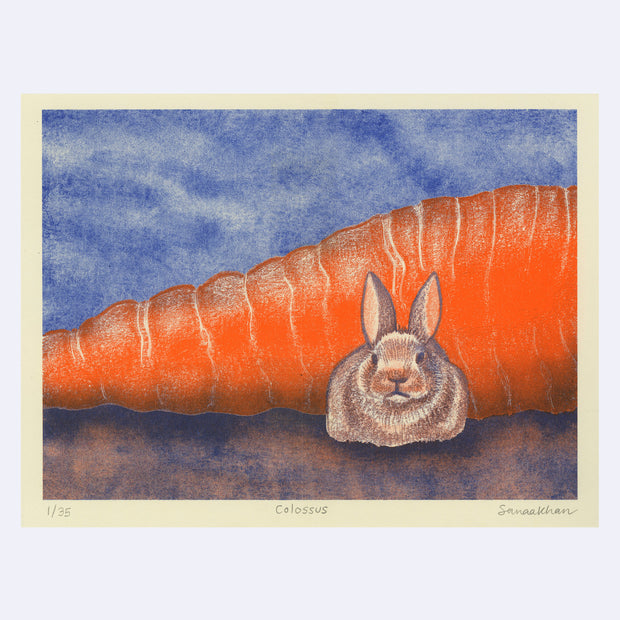 Risograph print of a small realistically rendered rabbit, sitting in front of a very large carrot, with the top and the bottom cut off from the image..