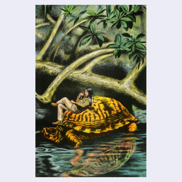 Illustration of a realistic turtle, orange with black striping wading through water under a branch. A tan woman in khaki clothes lounges on the back of the turtle.