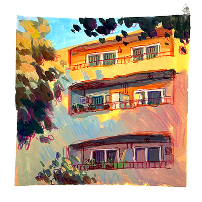 Plein air painting of a 3 story apartment building, on the side of several unit balconies. Sunset makes half the building bright yellow, the other a cooler blue or purple. Trees frame the piece.