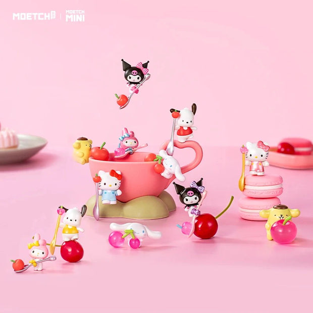 Promo photographs of 12 different Sanrio figurines, all carrying or posing with pink or red cherries.